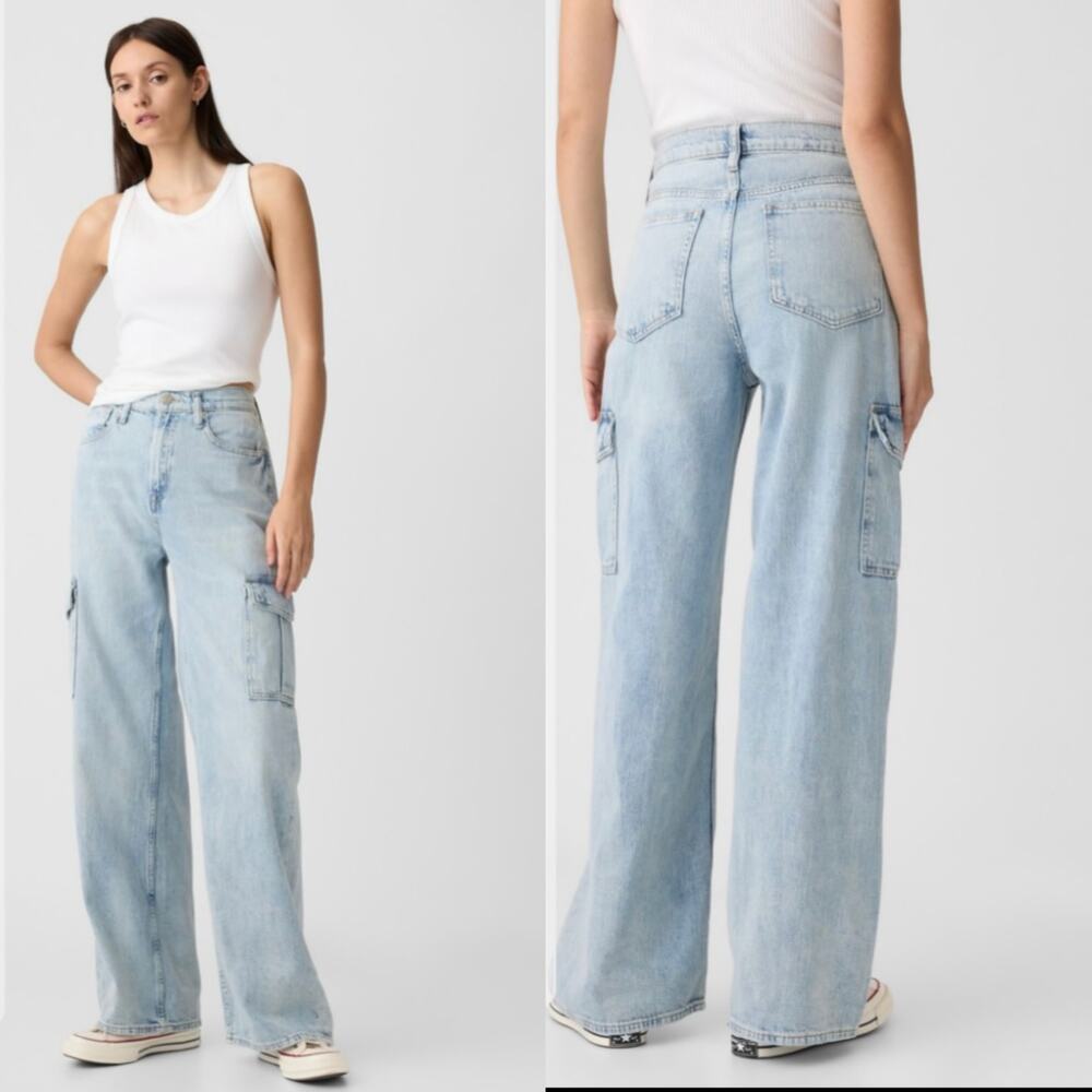 🔥NWOT Gap High Rise Wide Leg Cargo Jeans Light Wash Denim Women Size 6/28R